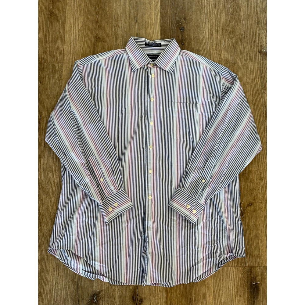 Nautica Button Down Shirt Mens 17.5 34/35 Blue Pink Striped Comfort Stretch L/XL
